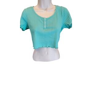 NWT BP Henley Crop Top Scoop Neck scalloped Trim Aqua Size M Stretch y2k NEW